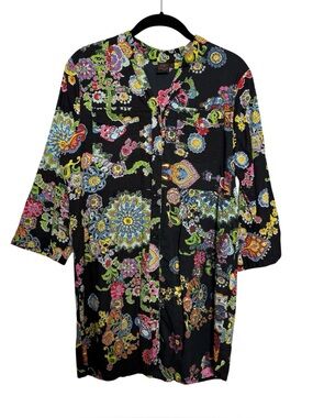 Aller Simplement Boho Paisley Tunic Dress Black Cotton XL 3/4 Sleeve